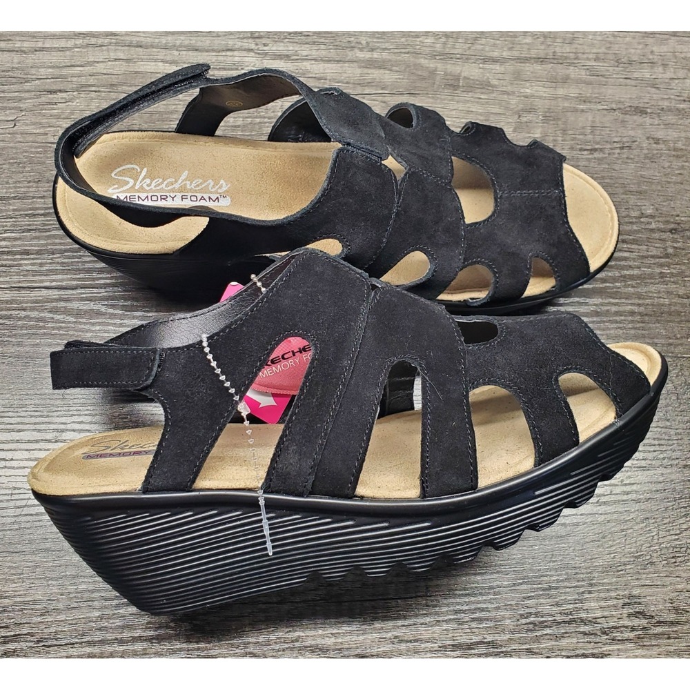 Skechers Parallel Wedge Sandal Strappy Suede Womens 9.5 W Black Memory Foam NWT